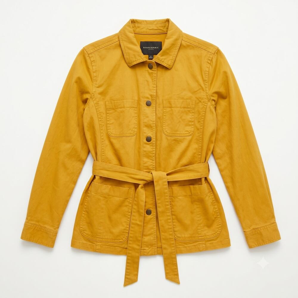 Banana Republic Tie Waist Shirt Jacket Yellow Snap Button Safari Womens Small
